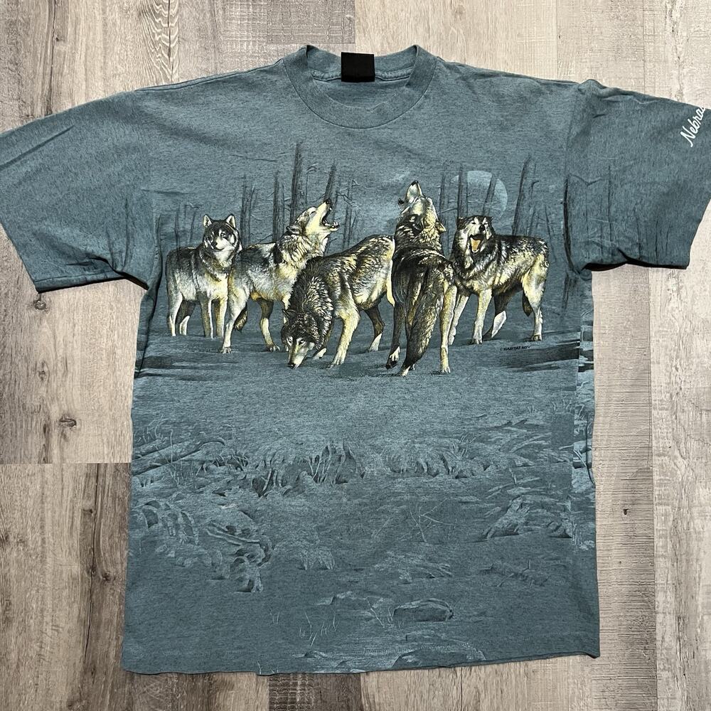 VTG Nebraska Wolf Pack All Over Print Blue 90s Wolves Animal Nature T Shirt XL